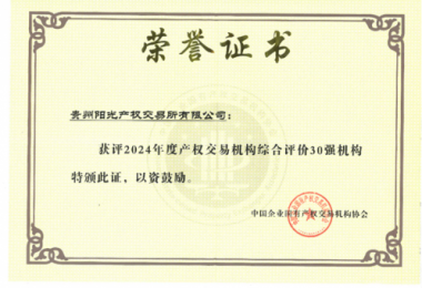 喜訊！貴州陽光產(chǎn)權(quán)交易所獲得2024年度全國產(chǎn)權(quán)交易機(jī)構(gòu)2項(xiàng)30強(qiáng)榮譽(yù)